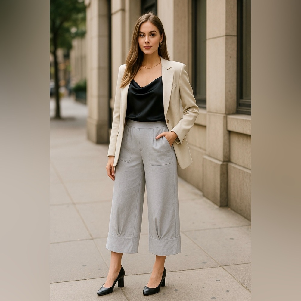 Kozan, Palazzo Elastic Waist Pants w/ Pockets, Front Inverted Pleats 85%…